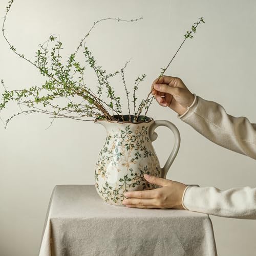 Ceramic Flower Vase | Green Rustic Farmhouse Pitcher Vase for Home Decor, Vintage Floral Tuscan Decorative Vase for Living Room & Kitchen, Mantel & Bookshelf, Centerpieces, Entryway, Wedding(8 Inch) - color: 01-green and Beige