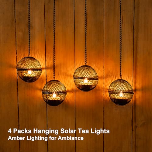 Solar Hanging Lanterns Lights Outdoor, 4 Pack Hanging Candle Holder with Solar Tea Lights Candles Outdoor Waterproof, Chandelier Ideas for Tree Pergola Patio Decor, ALL FORTUNE