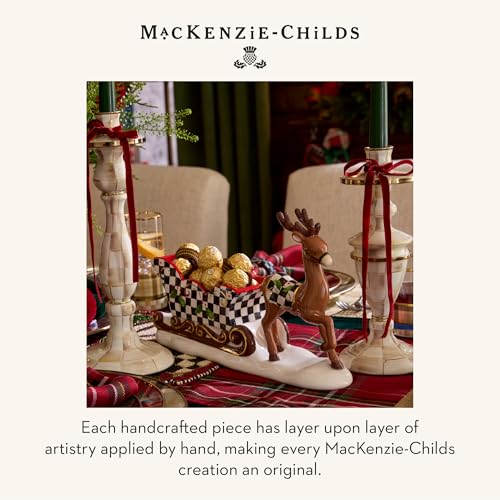 MACKENZIE-CHILDS Enamel Pillar Candlestick, Cute Pillar Candle Stand, Medium, Brown-and-White Mocha Check - color: Mocha Check, size: Medium