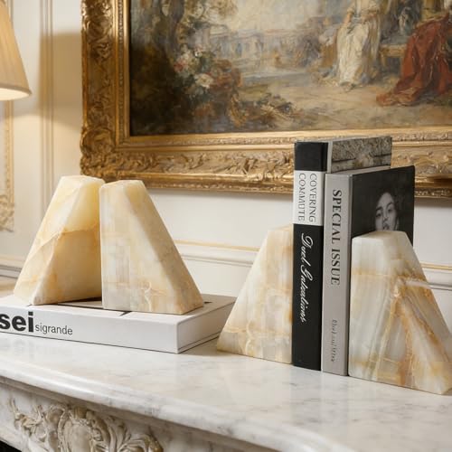 Marble Bookend for Heavy Books, Decorative Bookends for Shelves, Durable and Heavy-Duty Book End for Hardback Book & CDS, Unique Stopper & Holder, Green Onyx, Set of 2 - color: Green Onyx