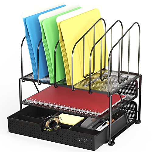 Deco Brothers Mesh Desk Organizer with Double Tray, 5 Upright Sections and Sliding Drawer, Black - color: Black