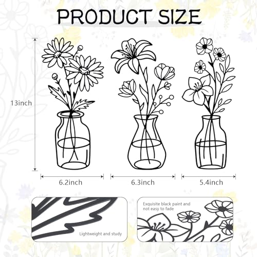 OYEFLY 3 Pieces Metal Flowers Wall Arts,Black Metal Vase Wall Art,Rustic Farmhouse Decor (Black)