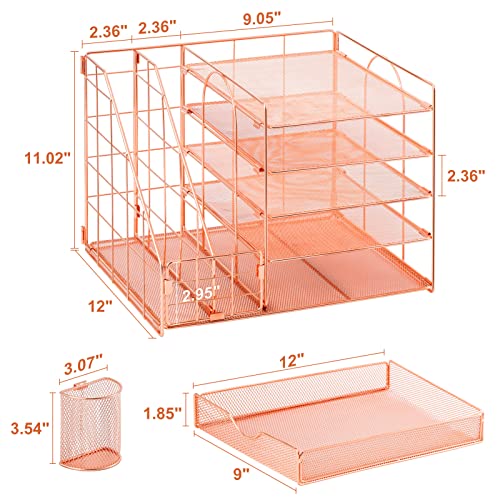 Marbrasse Rose Gold Desk Organizer with File Holder, 5-Tier Paper Letter Tray Organizer and Drawer, Mesh Desktop Storage with Magazine Holder for Office Supplies - color: Rose Gold