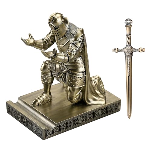 King's Guard Leader Cloak Warrior Knight Pen Holder Mobile Phone Stand, Ornament Knight Statue, Pen Stand Paperweight for Office and Home (Bronze) - color: Bronze