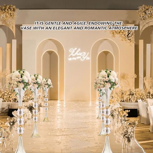 VIJIV Crystal Acrylic Trumpet Vase for Wedding Centerpieces & Home Decor - 21.7" Clear Flower Stand with Ribbed Texture, Gold Accents, Table/Floor Vase for Events, Bridal Showers & Boho Weddings - size: M/21.7 Inch Tall