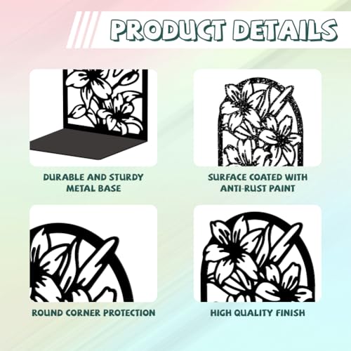 Peacoblue Metal Bookends for Shelves, Modern Decorative Heavy Duty Study Book Support Stoppers for Office, Desk, Shelf, Room 5.3"x4.3"x7.9" Cast Iron Simple Tall Bookends, 1 Pair (Lily Flower) - style: Lily Flower