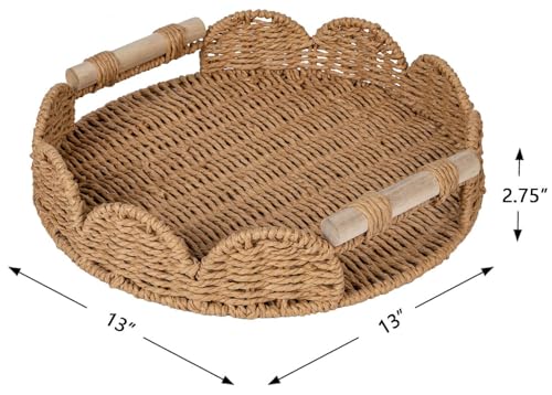CubesLand Round Scalloped Decorative Centerpiece Tray for Coffee Table, Home Decor, Living Room - Neutral Tray w/Wooden Handle – Warm and Elegant for Holidays, Housewarmings - Candle Plate Holder - color: Neutral, size: 13"