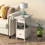 SOOWERY End Table with Charging Station, Narrow Side Table with Flip Top Cabinet and Fabric Drawer, Nightstand Bedside Tables for Small Spaces, Bedroom, Living Room, White - color: White