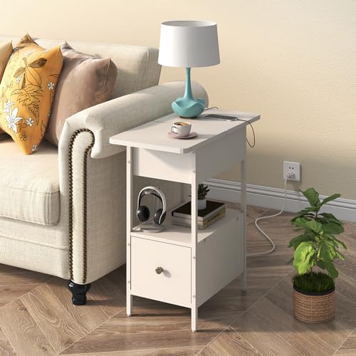 SOOWERY End Table with Charging Station, Narrow Side Table with Flip Top Cabinet and Fabric Drawer, Nightstand Bedside Tables for Small Spaces, Bedroom, Living Room, White - color: White