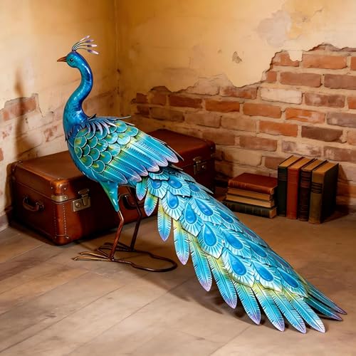 31" L Metal Peacock Garden Statue, Handcrafted Walking Peacock Large Outdoor Yard Art Decor with Iridescent Blue & Green Finish & Ground Stakes, Lifelike Sculpture for Garden Lawn Flowerbed - color: 31"l Iridescent Blue Peacock