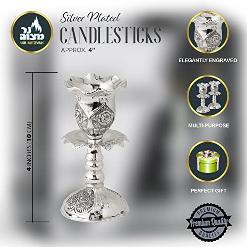 Ner Mitzvah Silver Plated Candlesticks, Pair of 4 Inch Ornate Candle Holders with Round Base and Floral Design (Pack of 2) - size: 4 inches