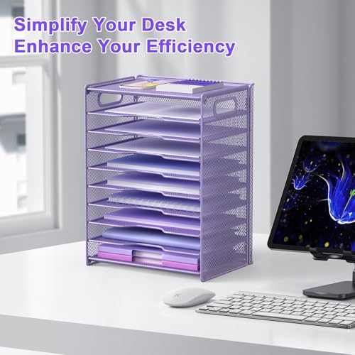 OUTWOLF 10 Tier Paper Organizer - Letter Tray Mesh Desk File Organizer with Handles for Office School Desktop, Purple - color: Purple