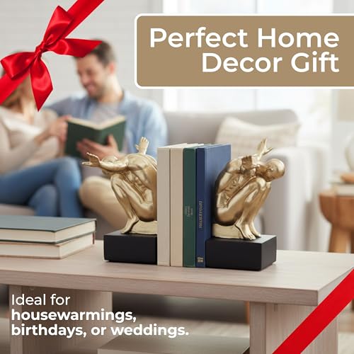 Resin Book Ends Decorative Bookends – Book Holder for Shelf Decor and Office Decor, Office Shelf Decor and Book Lovers Gifts, Art-Inspired Sculpture Home Decor Accent – 11", Gold & Black