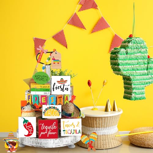 Tatuo 16 Pcs Cinco De Mayo Tiered Tray Decor Set, Mexican Wooden Fiesta Signs - Taco, Sombrero, Rainbow Donkey, Farmhouse Style Table Decor for Home Kitchen Summer Party Holiday Shelf