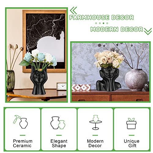 Sieral 3 Pcs Ceramic Face Vase Female Form Flower Modern Body Vase for Decor with Head Half Body Bust Centerpiece for Table Shelf Home Bedroom Room Office(Small,Black) - color: Black, size: Small