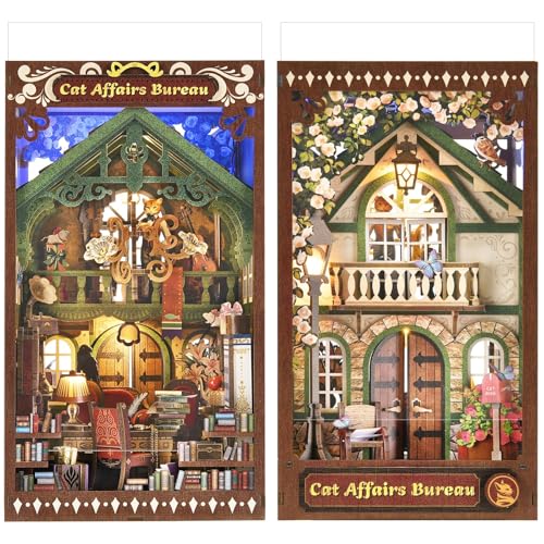 TOYQI Book Nook Kit, DIY Miniature Dollhouse Kit for Adults and Teens, Booknook Tiny House Kit Bookshelf Decoration 3D Wooden Puzzle Bookend - style: Cat Affairs Bureau