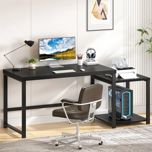 FOLUBAN Large Home Office Desk, Black Computer Desk with Storage Shelves, Modern Wood Writing Study Gaming Table for Bedroom Living Room, 63 Inch - color: Black