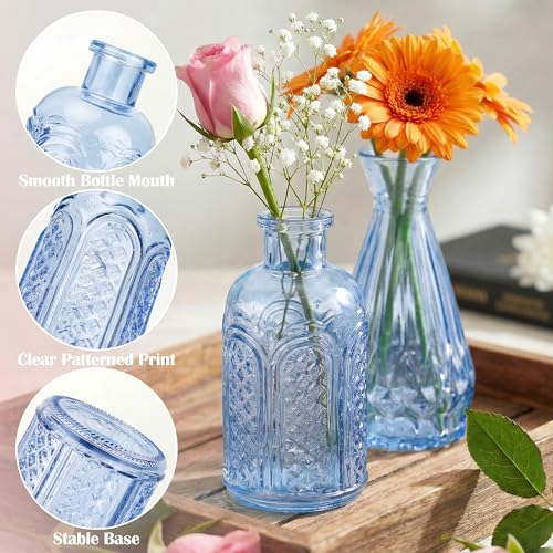 Glass Bud Vases in Bulk Set of 17, Blue Small Mini Vases for Flowers, Vintage Vase for Centepiece,Wedding, Table Decor, Baby Shower, Christmas, Home and Events - color: Blue