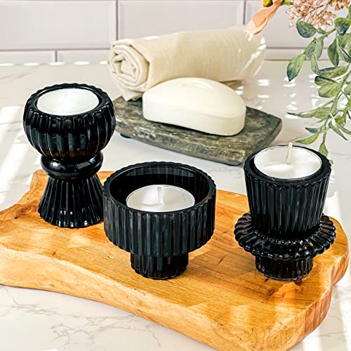 Kate Aspen Vintage Ribbed Glass Black Candlestick Holders, Pillar Candle, Tealight & Votive Candle Holders (Set of 6, 3 Assorted Sizes), Dining Table Decor, Shelf Decor, Centerpiece - color: Black