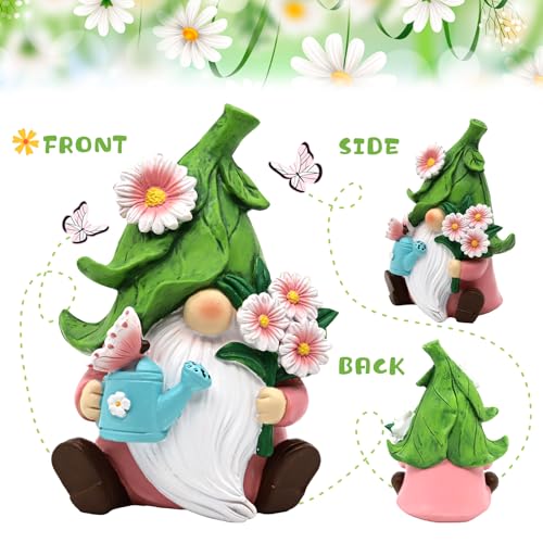 Summer Garden Gnome Decor, 5.9in Resin Daisy Floral Gnome Decorations for Home Indoor Outdoor, Retirement Gifts for Women - color: Green