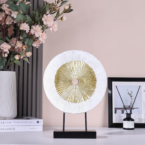 12" Tall Abstract White Gold Round Sculpture - Unique Home Decoration for Above Cupboard Decor, Living Room Coffee Table, Console, Office, Entrance, Table Centerpieces (White Gold) - color: White Gold
