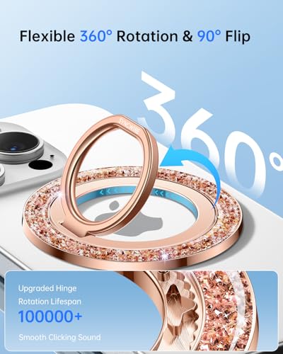 SYNCWIRE Magnetic Phone Ring Holder for MagSafe - Glitter Phone Grip Stand with 360° Rotation Finger Ring Kickstand Blingbling Compatible with iPhone 17 16 15 14 13 12 Pro Max MagSafe Accessories - color: Single Ring-1PCS-Glitter Rose Gold
