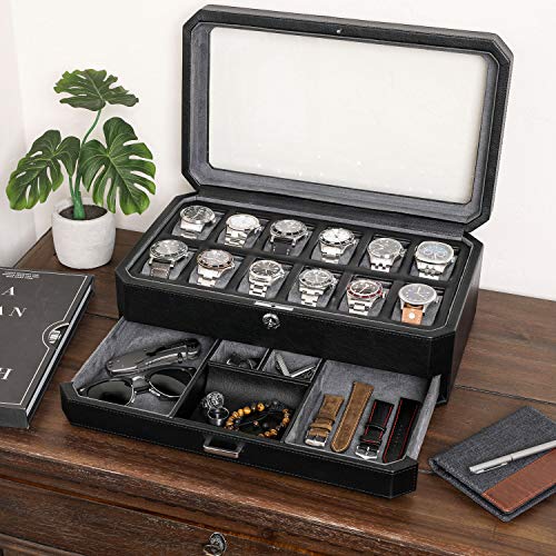 ROTHWELL 12 Slot Leather Watch Box with Valet Drawer - Luxury Watch and Jewelry Case Display Organizer, Microsuede liner, Mens Locking Storage Holder Large Glass Top (Black/Grey) - color: Black/Grey