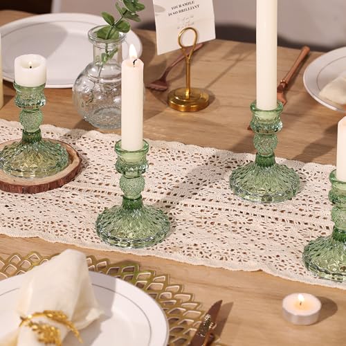 12Pcs Green Candlestick Holders Set- 4" H Taper Candle Holders Bulk, Glass Candle Holders for Wedding, Party, Romantic Dinner Table Centerpieces, Festival Gifts & Windowsill Decor - color: Green Dimond Pattern