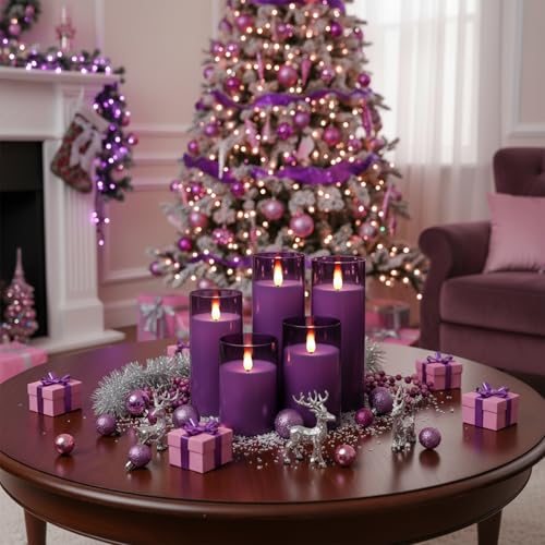 Homemory Purple Flickering Flameless Candles, Battery Operated Acrylic LED Pillar Candles with Remote Control and Timer, Purple Decor, Set of 5 - color: Purple