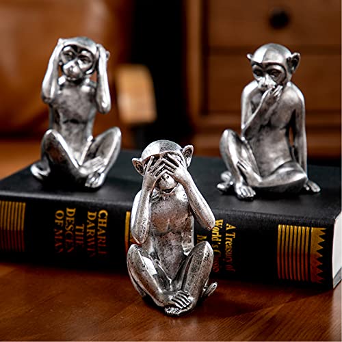3 wise monkeys statue - hear no evil see no evil speak no evil monkeys statue for home decorations,monkeys figurines home decor accents,see no evil figurines monkey statues set of 3 silver color - color: Silver