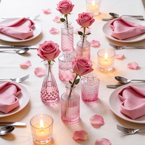 UPBUD Pink Glass Bud Vases Set of 5, Mini Flower Vase for Centerpieces, Small Clear Vases in Bulk for Wedding Decorations, Vintage Vase for Table, Home Décor - color: Standard-pink, size: 5pcs