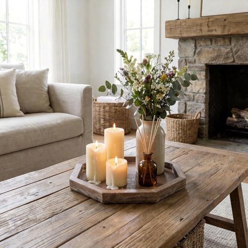 Large Wood Trays Home Decor Farmhouse Candle Holder Plate for Coffee Table Rustic Wooden Decorative Tray Vintage Table Centerpiece for Living Room Kitchen Counter Decor and Bathroom Accessories Trays - color: Octagon, size: 12"