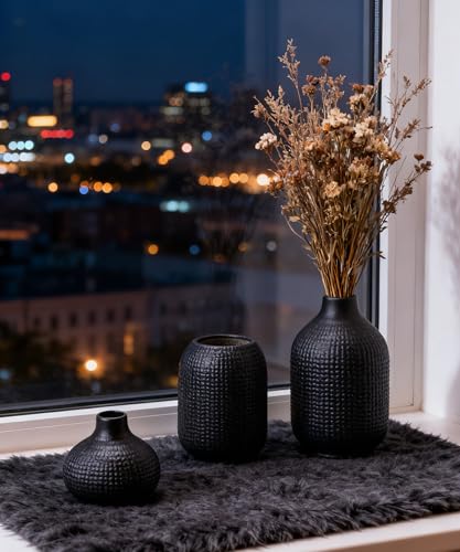 Black Ceramic Vases for Decor, 3 Set Weave Style Modern Minimalist Farmhouse Decoration for Table Shelf, Bookshelf Decoration - color: 14 Black