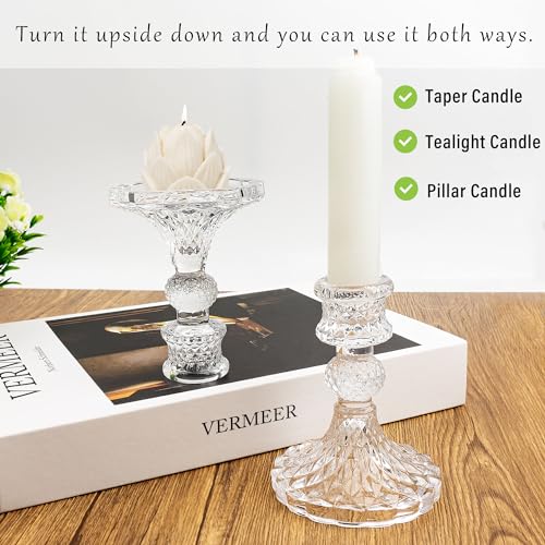 Glass Candlestick Holder Taper and Pillar Candle Holder Desktop Decoration for Wedding Dinning Party-3 Packs - color: Clear