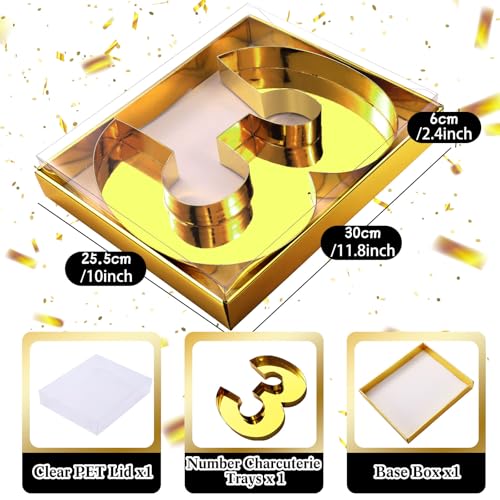 SiliFine 12" Charcuterie Number Shaped Mache with Clear Lid Fillable Sweets Serving Trays Paper Mache Cupcake Candy Box for 2025 Graduation Party Graduation Celebration(Gold,Number 3) - color: Gold, style: Number 3