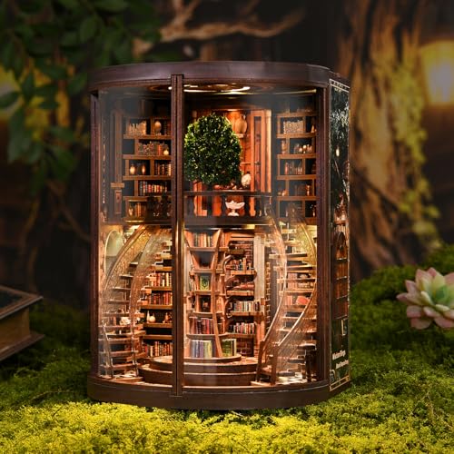 Book Nook Kit for Adults & Teens – DIY Miniature House Library, Wisdom Ring Library 3D Wooden Puzzle Bookend Bookshelf Insert with LED Light, Dollhouse Craft Kit for Decor & Gifts