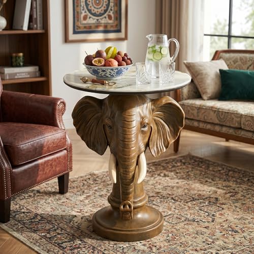 Elephant Sculptural Side Table, 19.69" W x 25.98" H Faux Marble Top, Resin Animal End Table, Unique Accent Table for Living Room, Gift for Housewarming - color: Yellow Elephant Head Statue