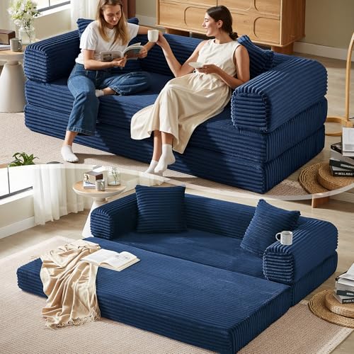 Boneless Couch Versatile Couches for Living Room No-Install Sofa Bed Corduroy Futon Soft Cloud Couch with Pillows for Bedroom Game Movie (Dark Blue, 76") - color: Dark Blue
