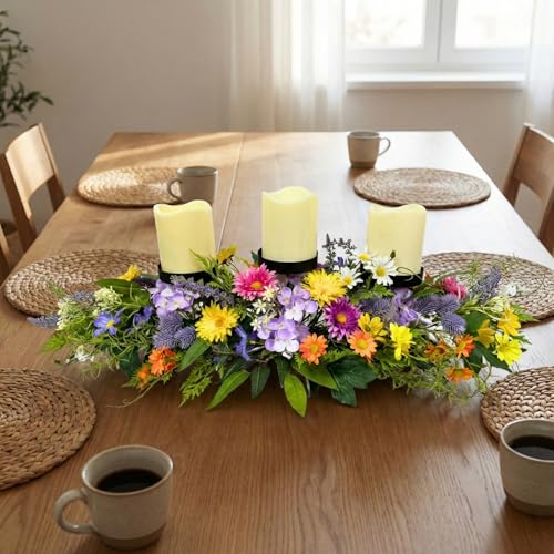 26 Inch Spring Summer Centerpiece with 3 Candle Holders Floral Table Centerpiece with Daisies and Wildflowers for Dining Table Mantel Wall and Farmhouse Table Decoration