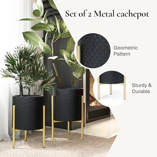 LuxenHome 2-Piece Diamond Pattern Round Metal Cachepot Planter Set, Black Planter with Gold Stands Set of 2 Indoor Plant Pots Large Floor Plant Pot for Plants, NOT Waterproof - color: A Black 9.9"+8.3"