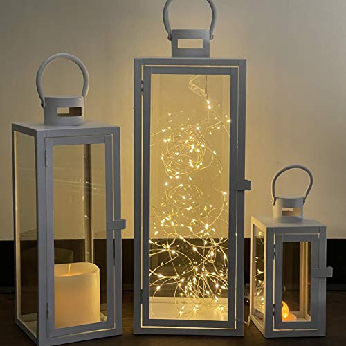 Allgala 3-PC Lantern Set 23 Inch Jumbo Deluxe Modern Indoor/Outdoor Candle Lantern Set White Painted Ironl Frame Tempered Glass Rectangular for Garden Poolside Fireplace Wedding - color: Cuboid White