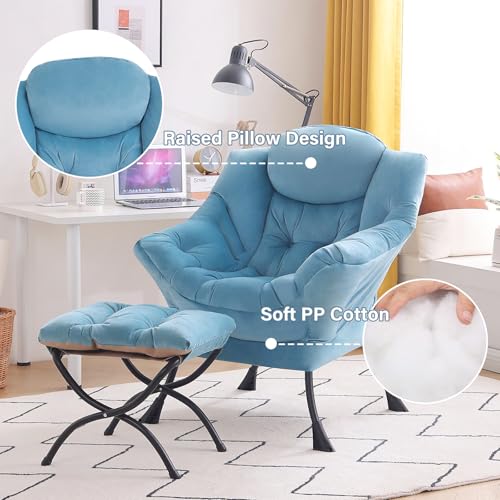 Tiita Lazy Chair with Ottoman, Blue Chiars Modern Large Accent Armchair, Comfy Leisure Sofa Reading Chair with Footrest for Bedroom, Living Room, Dorm Rooms, Garden, Velvet Light Blue - color: Light Blue