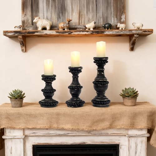 Set of 3 Large Candle Holders for Pillar Candles, Farmhouse Wood Candle Holder, Vintage Wooden Beaded Candlestick Holders for Table Centerpieces, Fireplace Mantel Decor (Black) - color: Black