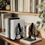 Peacoblue Metal Bookends for Shelves, Modern Decorative Heavy Duty Study Book Ends Stoppers for Office, Desk, Shelf, Room 5.3"x4.3"x7.1" Cast Iron Simple Tall Bookends 1 Pair (Letter A with Flower) - style: Letter A with Flower