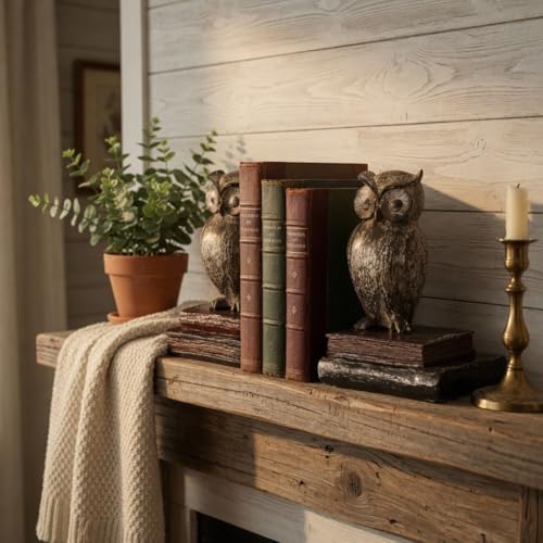 Bellaa 21725 Decorative Owl Bookends - Rustic Farmhouse Book Ends for Shelves, Non-Skid Wide Eyed Bird Design, Vintage Boho Home Office Library Decor
