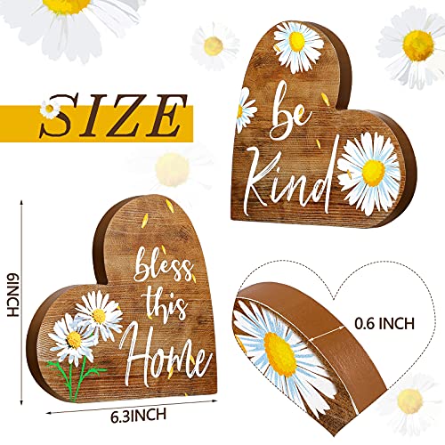 Jetec 2 Pcs Rustic Wooden Heart Table Decor, Daisy Farmhouse Home Decor, Bless This Home & Be Kind Sign for Living Room, Dining Room, Shelf & Mantel, Ideal Housewarming & Birthday Gift(Daisy Style) - style: Daisy Style