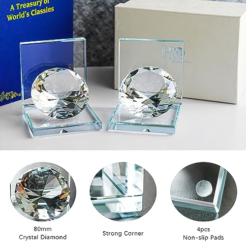 1 Pair Crystal Bookends with 80mm Clear Diamond, L Shaped Heavy Duty Book End for Shelves Non Skid Bookends Book Stopper, 4inch - color: Diamond