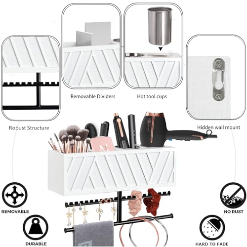 Rustic Hair Dryer Holder Wall Mounted,Hair Styling Tools & Accessories Organizer,Bathroom Supplies & hot Tools vanities Organizer Caddy,for Storage Flat Iron,Blow Dryer,Curling Iron,Towel - color: White.a