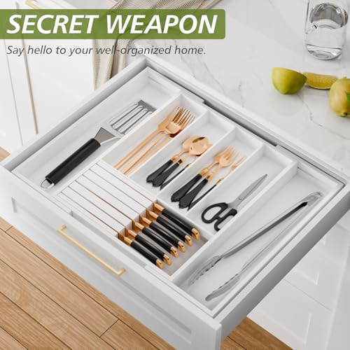 Bamboo Kitchen Silverware Drawer Organizer - Expandable Wood Utensil Holder with Dividers, Luxury Cutlery Storage Tray for Kitchen Utensil and Flatware (5-7 Slots with Removable Knife Block, (White) - color: White
