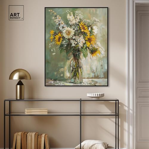 Art Remedy Sunflowers In A Glass Vase Canvas Vintage Farmhouse Wall Art, Black Frame, 30" x 36" - color: Black Frame, size: 37"L x 31"W